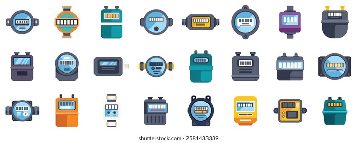 Set of colorful gas meter icons representing various designs and functionalities for tracking and monitoring energy consumption
