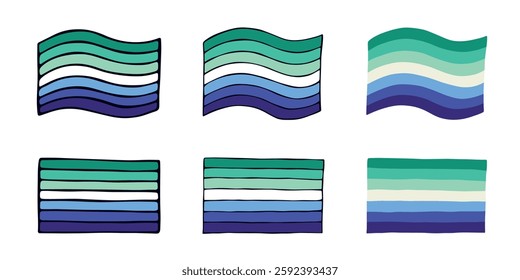 Set of colorful Gay men pride flag Happy pride day LGBTQIA community Pride Month Vector hand drawn doodle for posters, stickers, logo, cards