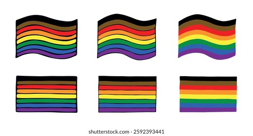 Set of colorful Gay pride flag Happy pride day LGBTQIA community Pride Month Vector hand drawn doodle for posters, stickers, logo, cards