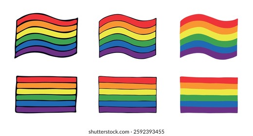 Set of colorful Gay pride flag Happy pride day LGBTQIA community Pride Month Vector hand drawn doodle for posters, stickers, logo, cards