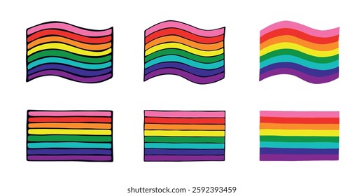 Set of colorful Gay pride flag Happy pride day LGBTQIA community Pride Month Vector hand drawn doodle for posters, stickers, logo, cards