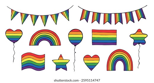 Set of colorful Gay pride flag Happy pride day LGBTQIA community Pride Month Vector hand drawn doodle for posters, stickers, logo, cards