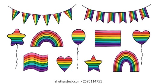 Set of colorful Gay pride flag Happy pride day LGBTQIA community Pride Month Vector hand drawn doodle for posters, stickers, logo, cards