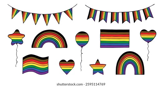 Set of colorful Gay pride flag Happy pride day LGBTQIA community Pride Month Vector hand drawn doodle for posters, stickers, logo, cards