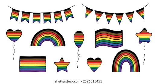 Set of colorful Gay pride flag Happy pride day LGBTQIA community Pride Month Vector hand drawn doodle for posters, stickers, logo, cards