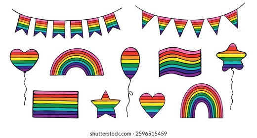 Set of colorful Gay pride flag Happy pride day LGBTQIA community Pride Month Vector hand drawn doodle for posters, stickers, logo, cards