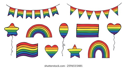 Set of colorful Gay pride flag Happy pride day LGBTQIA community Pride Month Vector hand drawn doodle for posters, stickers, logo, cards