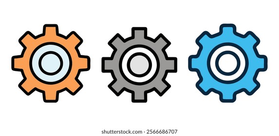 Set of Colorful Gear Icon Illustrations, Collection of colorful gear icons in orange, gray, and blue, ideal for technology, engineering, automation, and teamwork concepts.