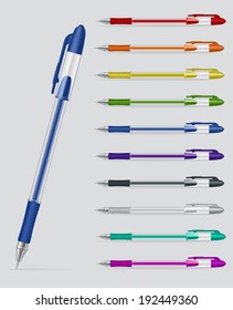 Set of colorful gel pens with open caps isolated on white background