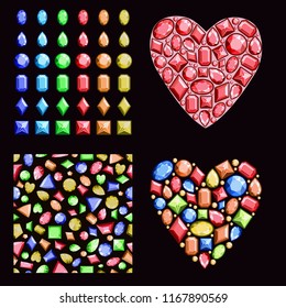 A set of colorful gems. Contains precious stones of different shapes, a seamless pattern and hearts of diamonds. Vector illustration.