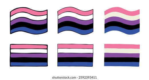 Set of colorful Gender fluid pride flag Happy pride day LGBTQIA community Pride Month Vector hand drawn doodle for posters, stickers, logo, cards