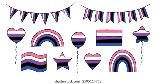 Set of colorful Gender fluid pride flag Happy pride day LGBTQIA community Pride Month Vector hand drawn doodle for posters, stickers, logo, cards