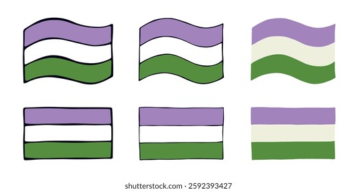 Set of colorful Genderqueer pride flag Happy pride day LGBTQIA community Pride Month Vector hand drawn doodle for posters, stickers, logo, cards