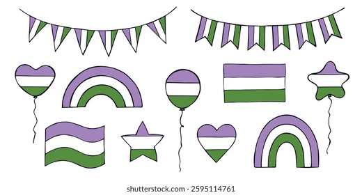 Set of colorful Genderqueer pride flag Happy pride day LGBTQIA community Pride Month Vector hand drawn doodle for posters, stickers, logo, cards