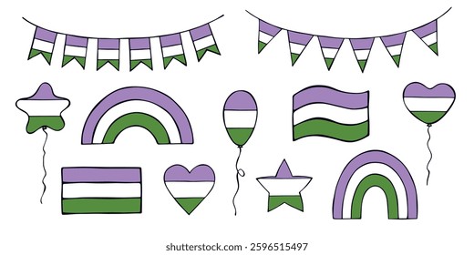 Set of colorful Genderqueer pride flag Happy pride day LGBTQIA community Pride Month Vector hand drawn doodle for posters, stickers, logo, cards