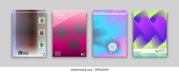 Set of colorful geometric abstract fluid covers design for placards, banners, presentations. Vector illustration. EPS 10. A4 format.