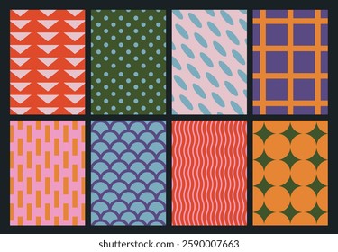 Set of colorful geometric backgrounds. Minimal posters in trendy vintage style. Abstract modern design with simple shapes for greeting card, flyer, cover, wallpaper, brochure, banner, social media.