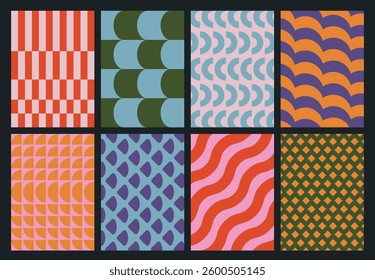 Set of colorful geometric backgrounds. Minimal posters in trendy retro style. Abstract modern design with simple shapes for greeting card, flyer, cover, wallpaper, brochure, banner, social media.