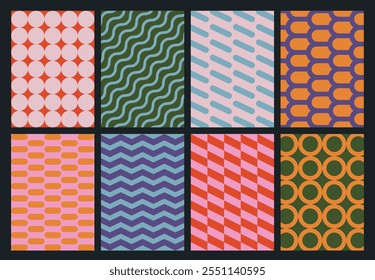 Set of colorful geometric backgrounds. Minimalist posters in trendy vintage style. Abstract design with simple shapes for greeting card, flyer, cover, wallpaper, brochure, banner, social media.