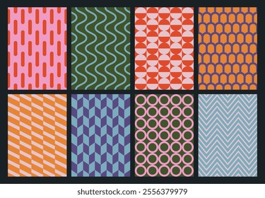 Set of colorful geometric backgrounds. Minimalist posters in trendy vintage style. Abstract design with simple shapes for greeting card, flyer, cover, wallpaper, brochure, banner, social media.