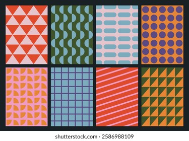 Set of colorful geometric backgrounds. Minimalist posters in trendy vintage style. Abstract design with simple shapes for greeting card, flyer, cover, wallpaper, brochure, banner, social media.