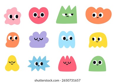 Set of colorful geometric characters with expressive faces. Unique hand-drawn shapes with various moods and emotions on white background. Perfect for stickers, prints, or kids' design.