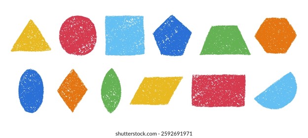 Set of colorful geometric figures in hand drawn childish style. Charcoal or crayon textured shapes. Vector illustration isolated on a white background.