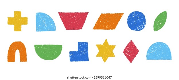 Set of colorful geometric figures hand drawn with crayon. Colored pencil or charcoal textured primitive elements. Vector illustration isolated on a white background.