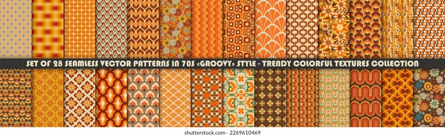 Set of colorful geometric and floral Vector Seamless Patterns. Retro 70s Style Nostalgic Fashion Textile textures. Summer Resort Prints. Daisies. Flower Power