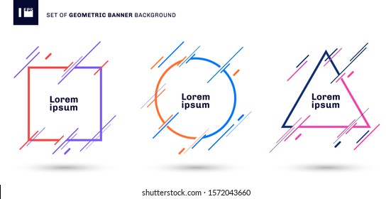 Set of colorful geometric frame triangle, circle, square with diagonal lines elements on white background. Vector illustration