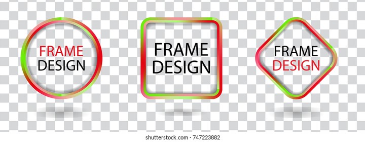 Set colorful geometric frames on a transparent background. Decorative modern design elements. Vector illustration.