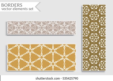 Set of colorful geometric line borders patterns. Tribal ethnic arabic, indian, turkish decorative ornament, fashion collection. Isolated design elements for headline, banner, flyer, business card
