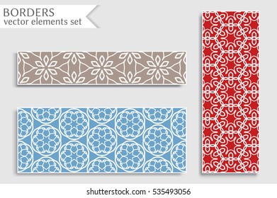 Set of colorful geometric line borders patterns. Tribal ethnic arabic, indian, turkish decorative ornament, fashion collection. Isolated design elements for headline, banner, flyer, business card