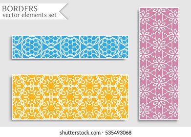 Set of colorful geometric line borders patterns. Tribal ethnic arabic, indian, turkish decorative ornament, fashion collection. Isolated design elements for headline, banner, flyer, business card