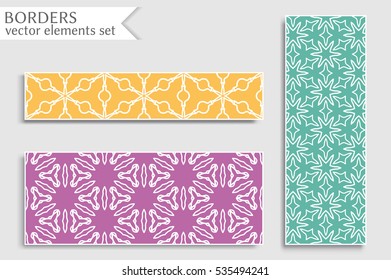 Set of colorful geometric line borders patterns. Tribal ethnic arabic, indian, turkish decorative ornament, fashion collection. Isolated design elements for headline, banner, flyer, business card