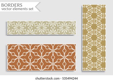 Set of colorful geometric line borders patterns. Tribal ethnic arabic, indian, turkish decorative ornament, fashion collection. Isolated design elements for headline, banner, flyer, business card