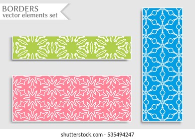 Set of colorful geometric line borders patterns. Tribal ethnic arabic, indian, turkish decorative ornament, fashion collection. Isolated design elements for headline, banner, flyer, business card