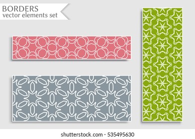 Set of colorful geometric line borders patterns. Tribal ethnic arabic, indian, turkish decorative ornament, fashion collection. Isolated design elements for headline, banner, flyer, business card