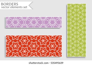 Set of colorful geometric line borders patterns. Tribal ethnic arabic, indian, turkish decorative ornament, fashion collection. Isolated design elements for headline, banner, flyer, business card