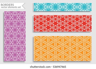 Set of colorful geometric line borders patterns. Tribal ethnic arabic, indian, turkish decorative ornament, fashion collection. Isolated design elements for headline, banner, flyer, business card