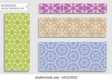 Set of colorful geometric line borders patterns. Tribal ethnic arabic, indian, turkish decorative ornament, fashion collection. Isolated design elements for headline, banner, flyer, business card
