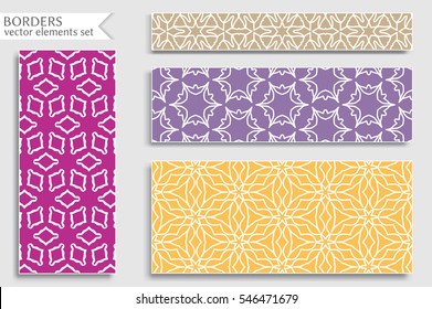 Set of colorful geometric line borders patterns. Tribal ethnic arabic, indian, turkish decorative ornament, fashion collection. Isolated design elements for headline, banner, flyer, business card