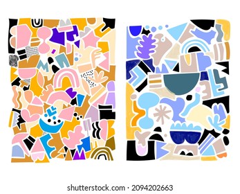 Set of colorful geometric memphis  pattern abstract hand drawing line shapes vector illustration.
