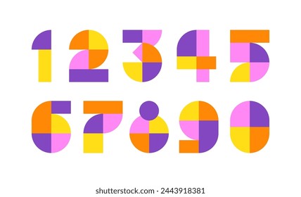 Set of colorful geometric numbers, abstract font symbols on white background.