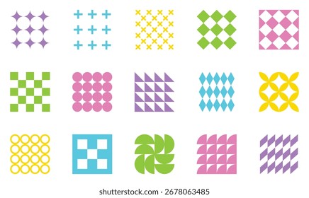 Un conjunto de patrones geométricos coloridos dispuestos en una cuadrícula. Esta Ilustración vectorial es ideal para fondos, textiles y proyectos de Diseño gráfico creativo. Disponible en formato de Vector escalable.