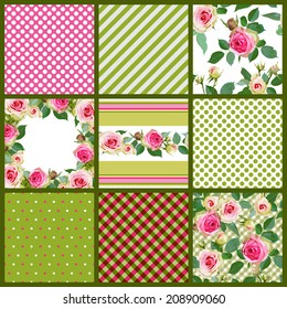 Set of colorful geometric patterns and floral seamless with roses. Vector illustration