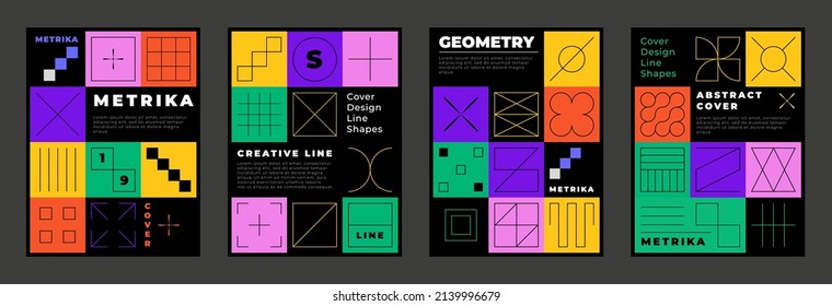 Set of colorful geometric posters with linear square simple minimalist shapes in brutalism style. Vector illustration