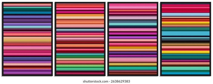 Set of colorful geometric posters with vibrant stripes of unique shapes with chaotic geometry and volumetric lighting effects, depth and contrast. Bright and bold lines of spatial geometry. Vector