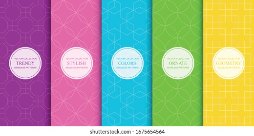 Set of colorful geometric seamless ornamental patterns - bright symmetric textures. Vector repeatable oriental backgrounds.