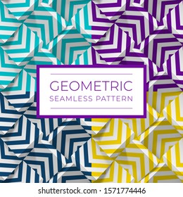 Set of colorful geometric seamless patterns. 3d cubes with strips. Illustration for wallpapers, textile, fabric, wrapping paper, backgrounds. Texture with volume extrude effect. Vector template.